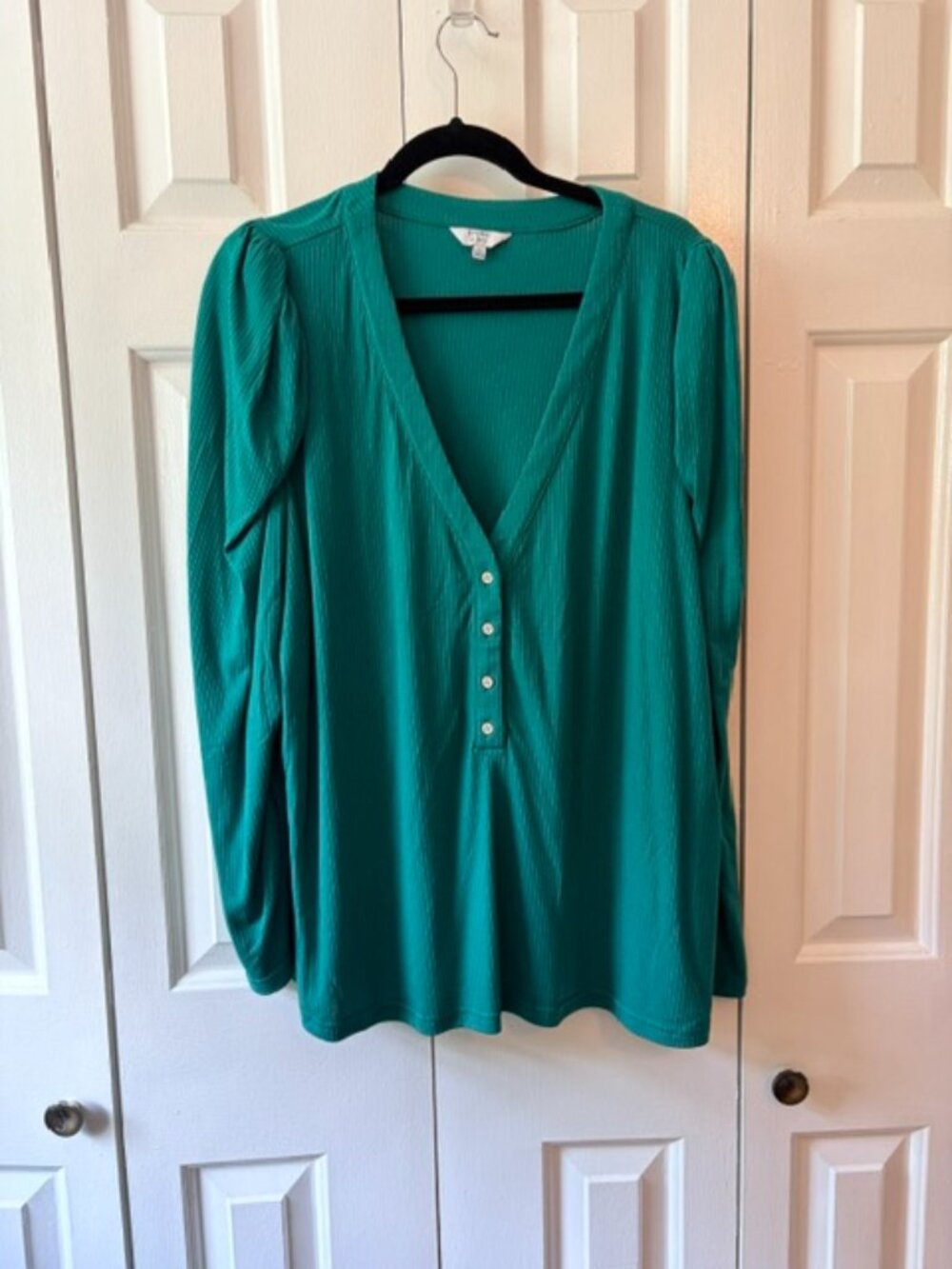 Crown & Ivy 3X Teal Green Ribbed Henley Top Long Sleeve Plus Size Rayon Blend